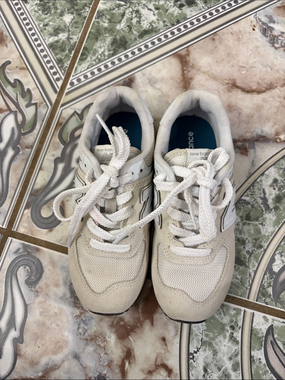 New Balance Kids White and Tan Lace-Up Sneakers